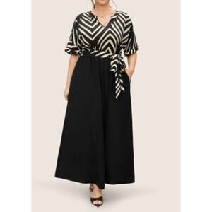 BLOOMCHIC 14-16 1X Plus Black Striped Patchwork Knot Cuffed Sleeve Jumpsuit b131